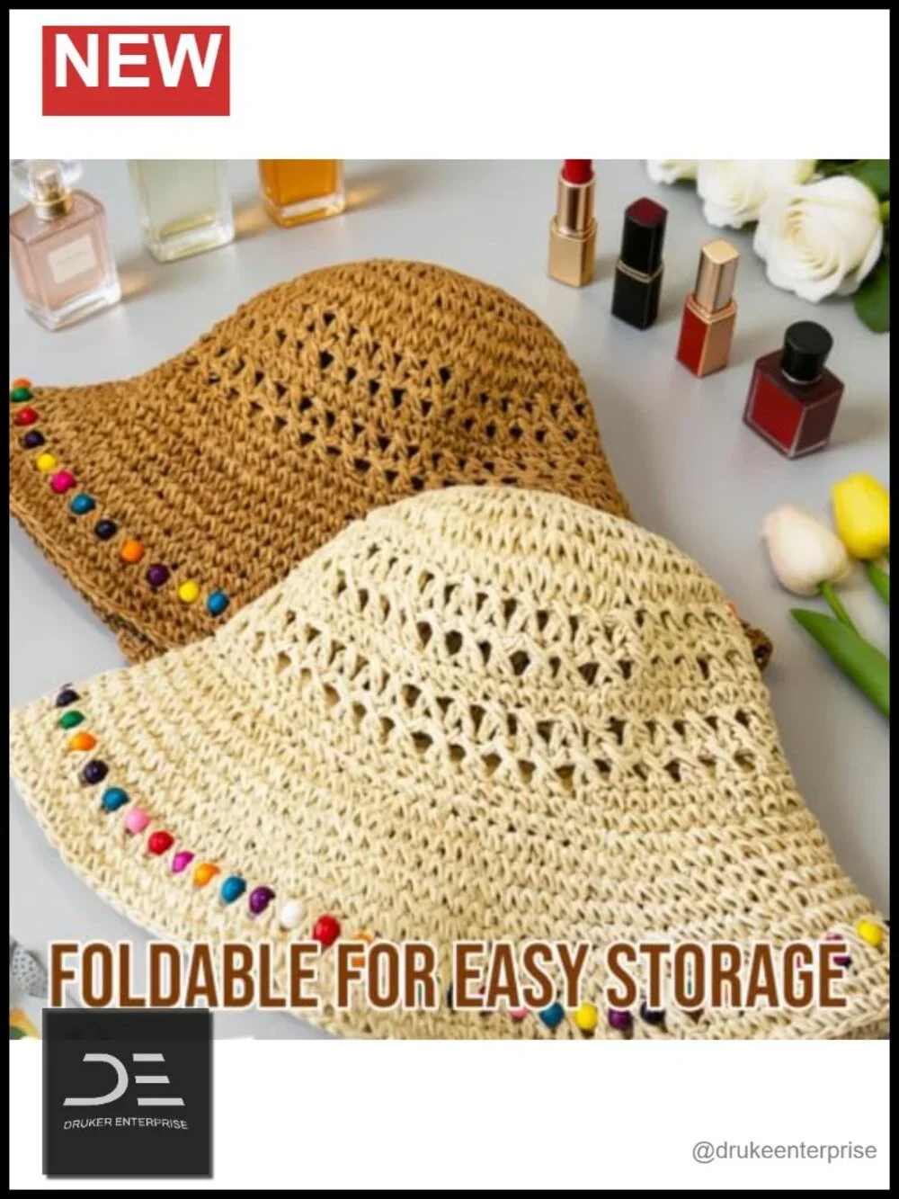 Wide Brim Straw Sun Hat with Rainbow Beaded Strap Packable for Travel